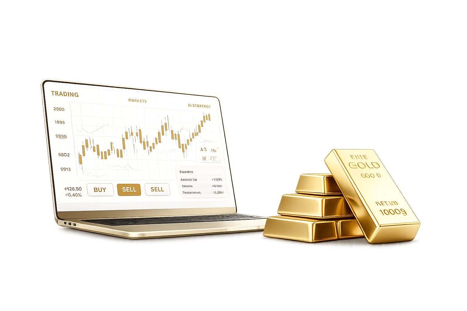 Laptop mostrando gráfico de trading en Oro junto a lingotes de oro físico
